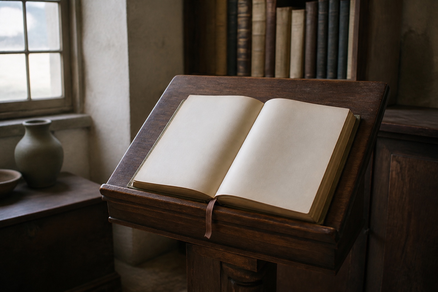 Altes Chronikbuch mit Leseband auf einem Lesepult im Fensterlicht