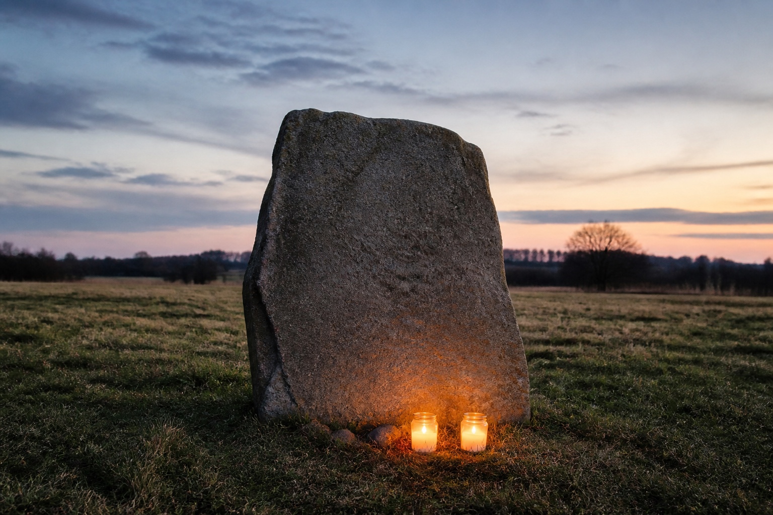 Schlichter Gedenkstein mit angezündeten Kerzen im Abendlicht