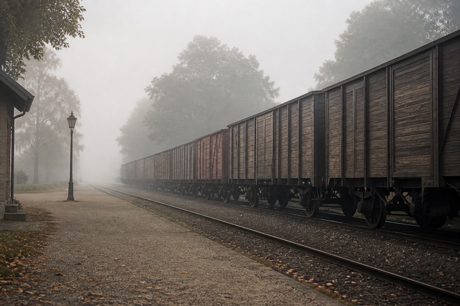 Güterzug mit geschlossenen Waggons auf einem Nebelgleis im Morgenlicht