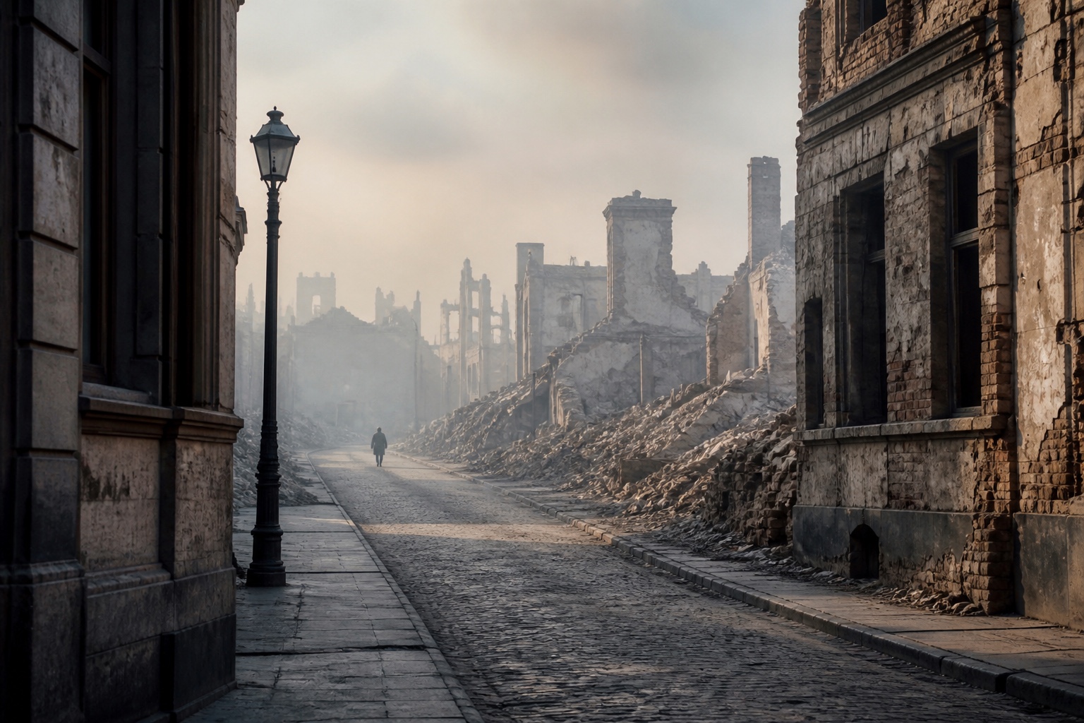 Leere Gasse einer zerstörten Stadt im Jahr 1945 mit Trümmerkulisse im Hintergrund