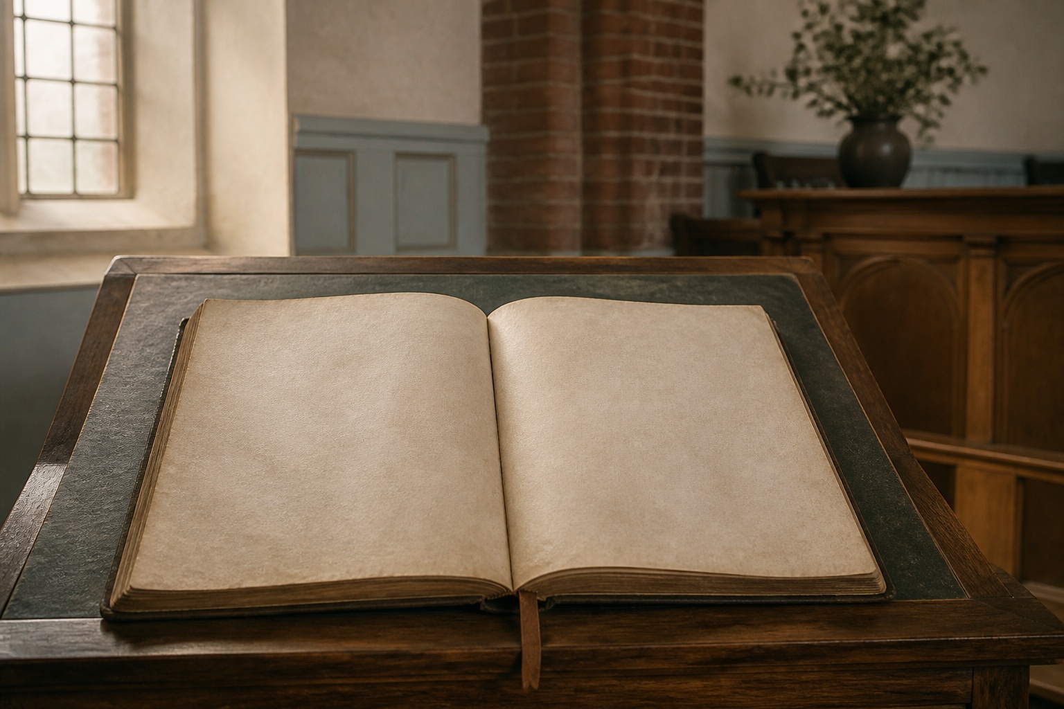 Aufgeschlagenes altes Kirchbuch mit Leseband, die Schrift bleibt unscharf