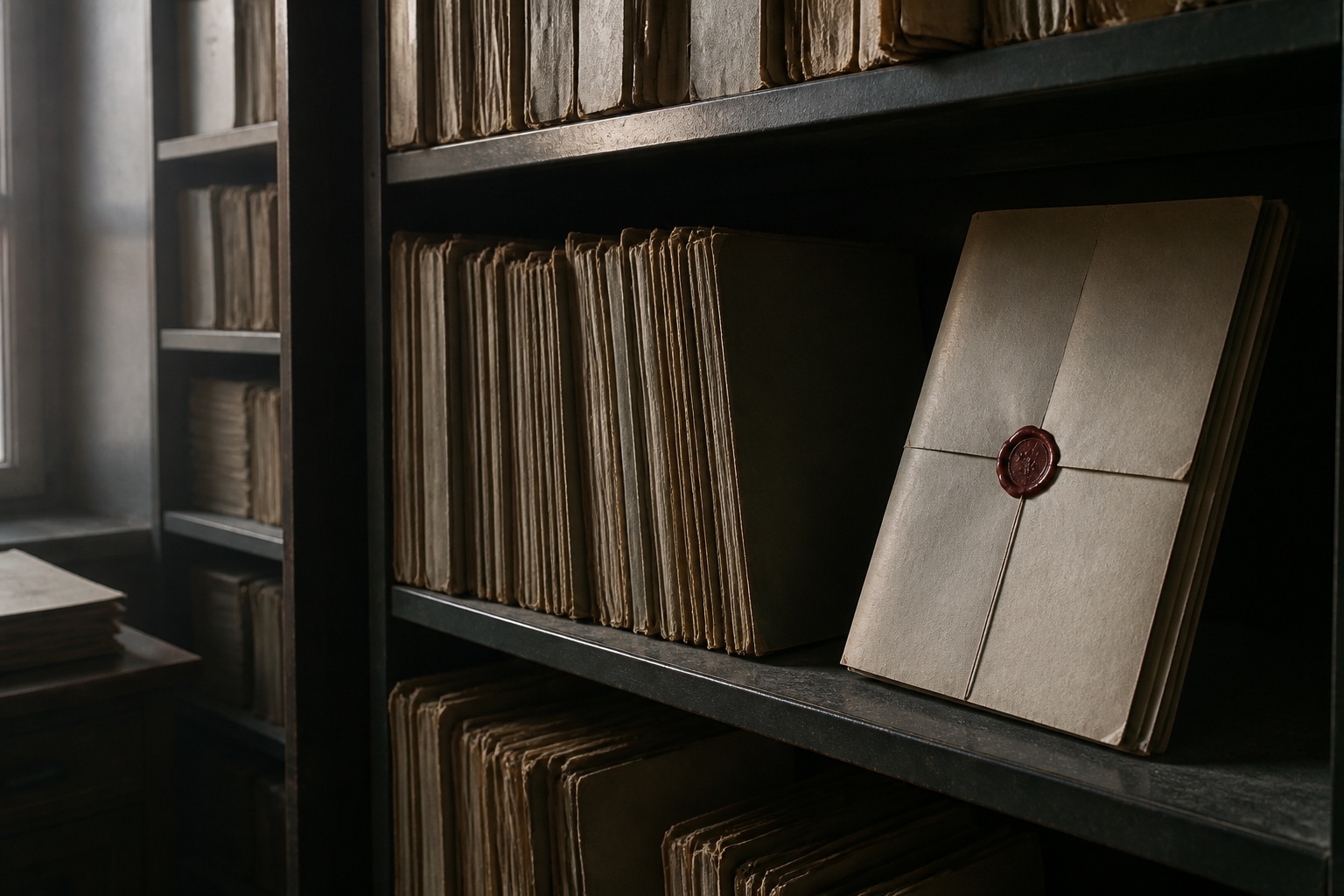 Dunkles Archivregal mit Aktenordnern der 1930er Jahre unter gedämpftem Licht