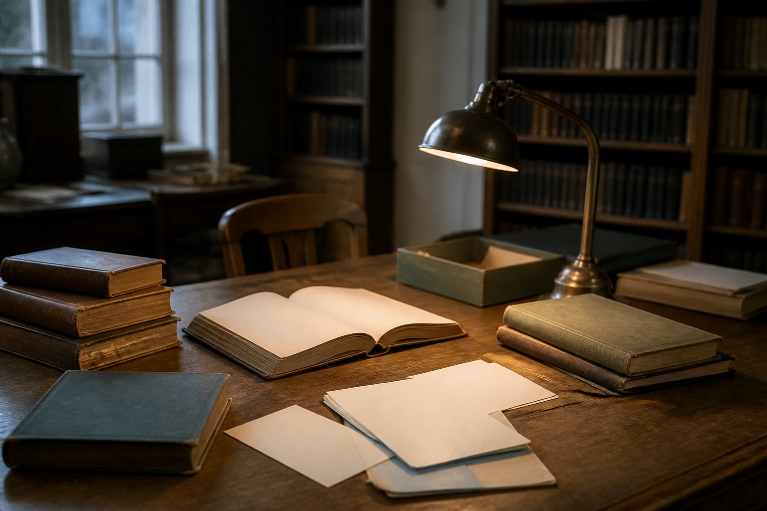 Stapel wissenschaftlicher Bücher und ein geöffnetes Archivdokument