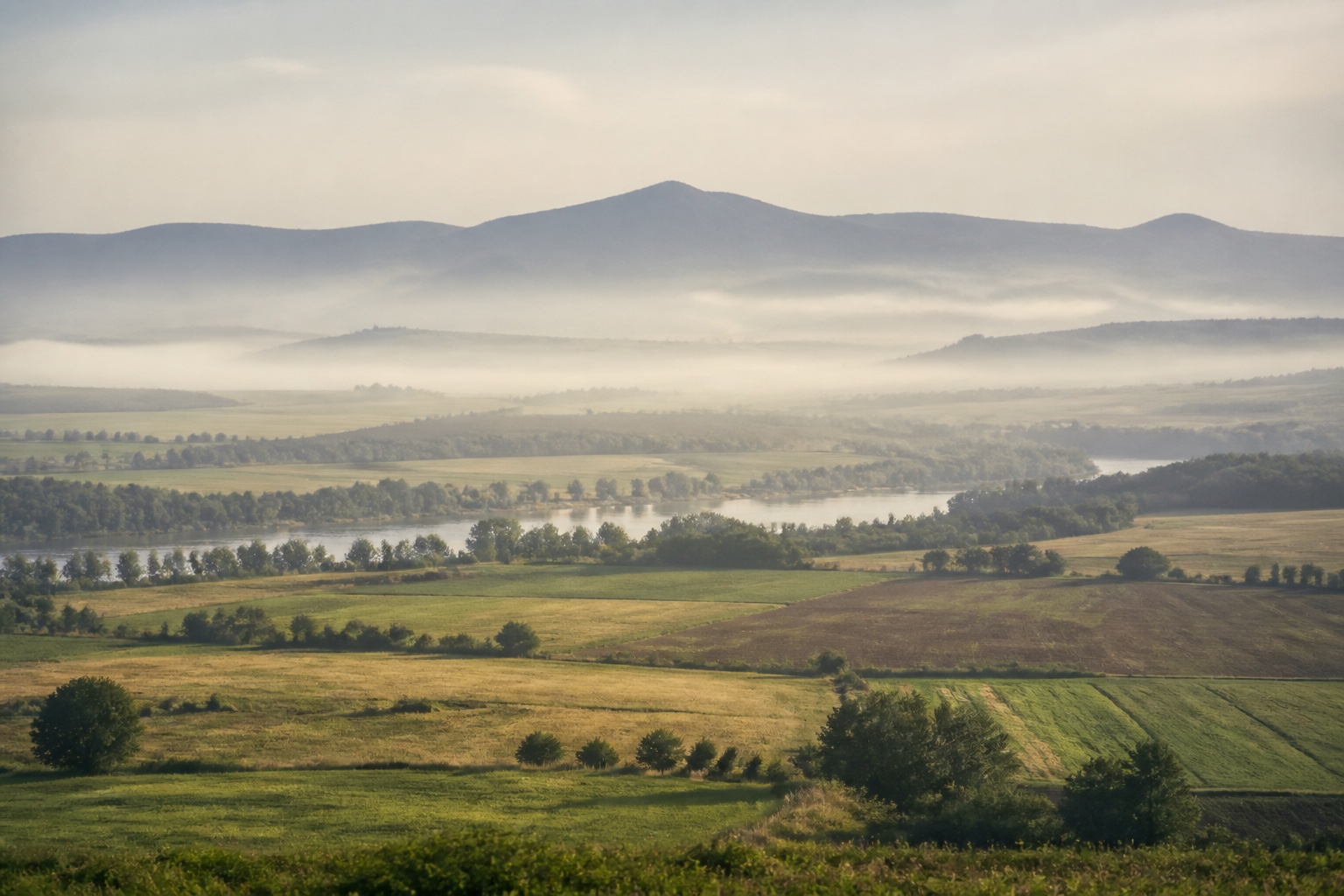 Weites böhmisches Flusstal im Morgennebel mit Feldern und fernem Bergkamm