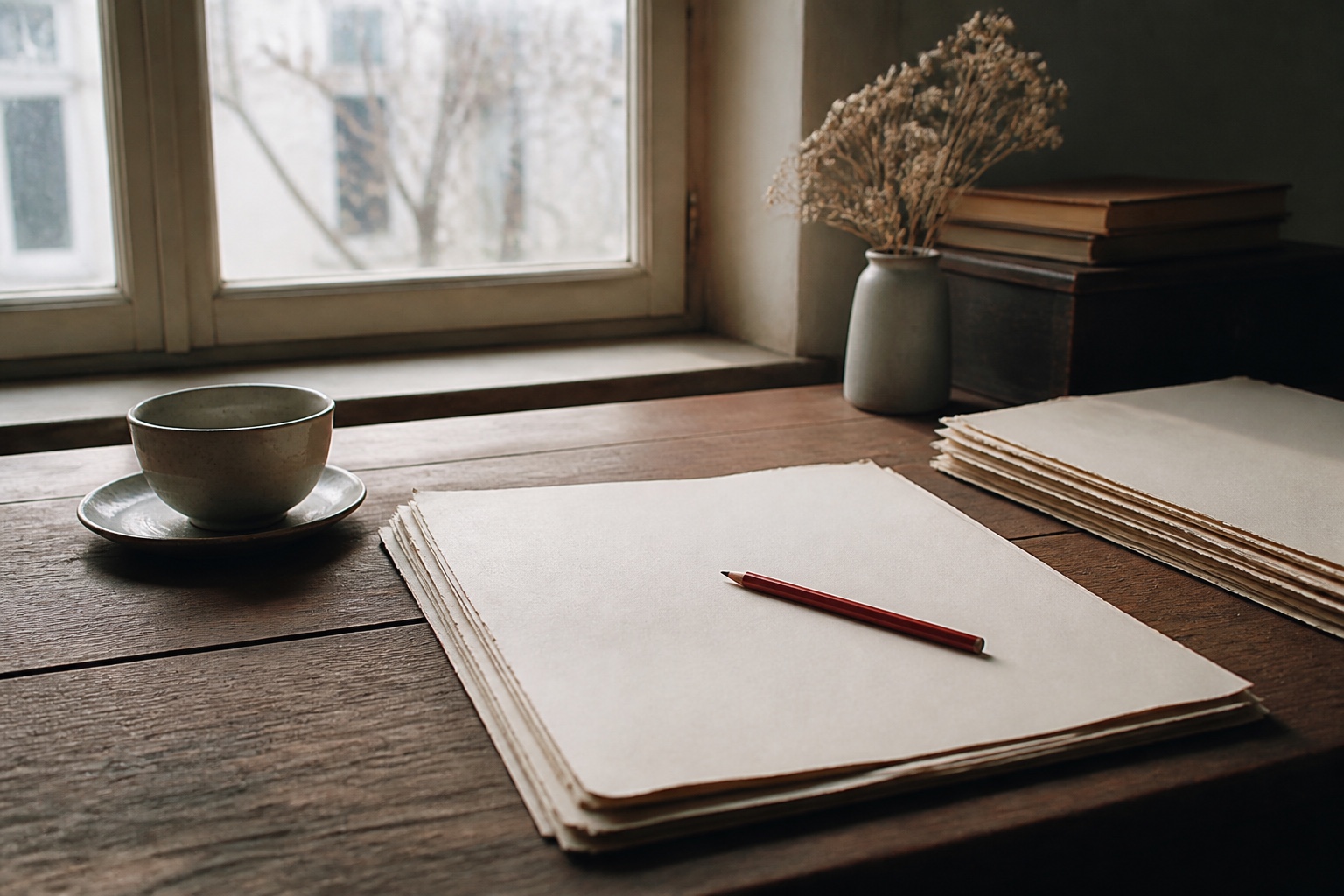 Schreibtisch mit Manuskriptseiten, Rotstift und Teetasse im Morgenlicht