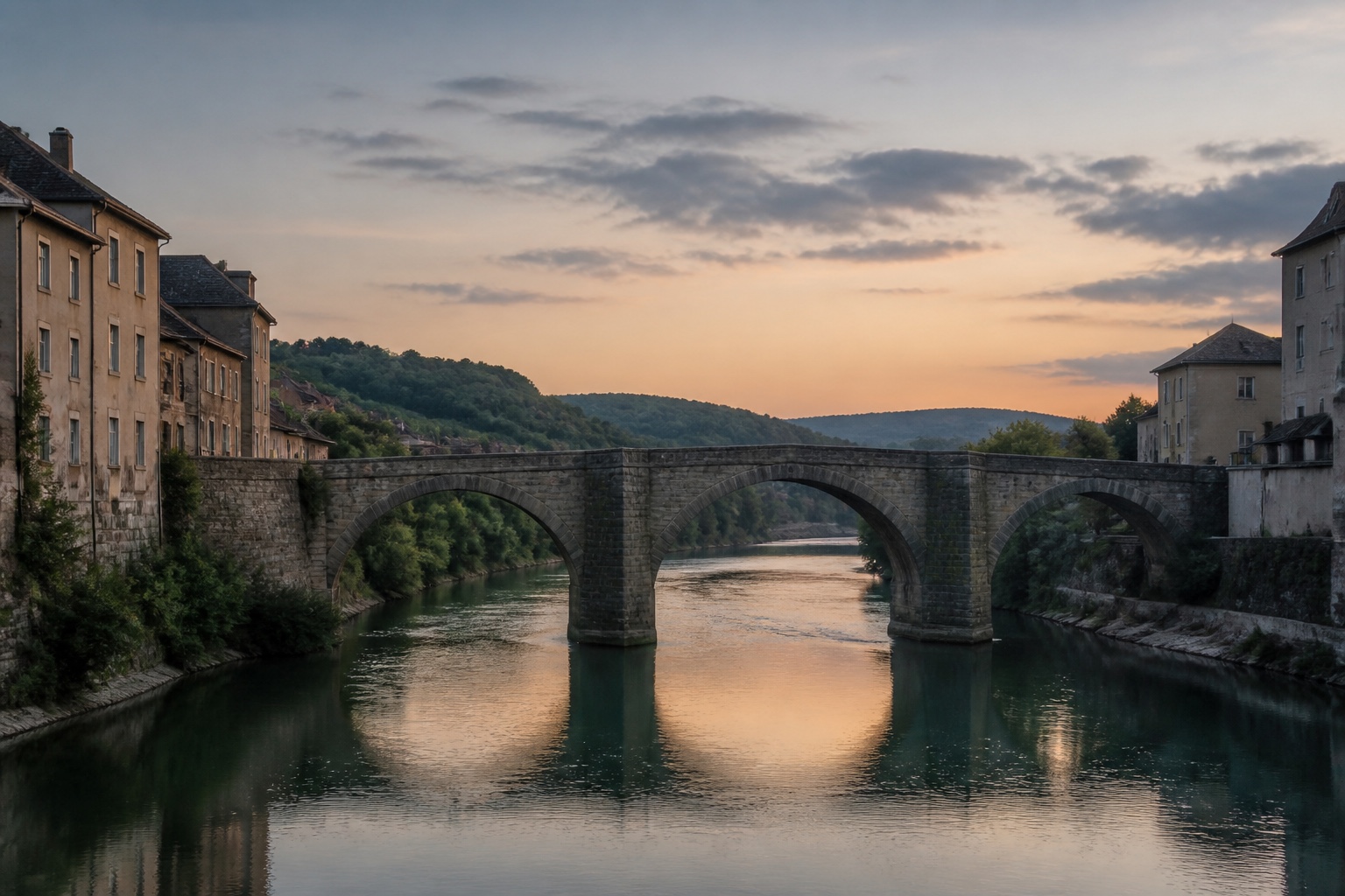 Alte Steinbrücke über einen ruhigen Fluss im weichen Abendlicht