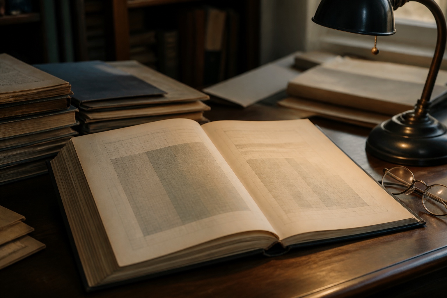 Aufgeschlagenes Statistikhandbuch mit unscharfer Tabelle und Lesebrille