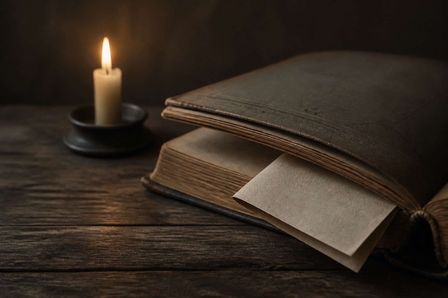 Verdeckte handgeschriebene Flugschrift unter Buchseiten im Kerzenlicht