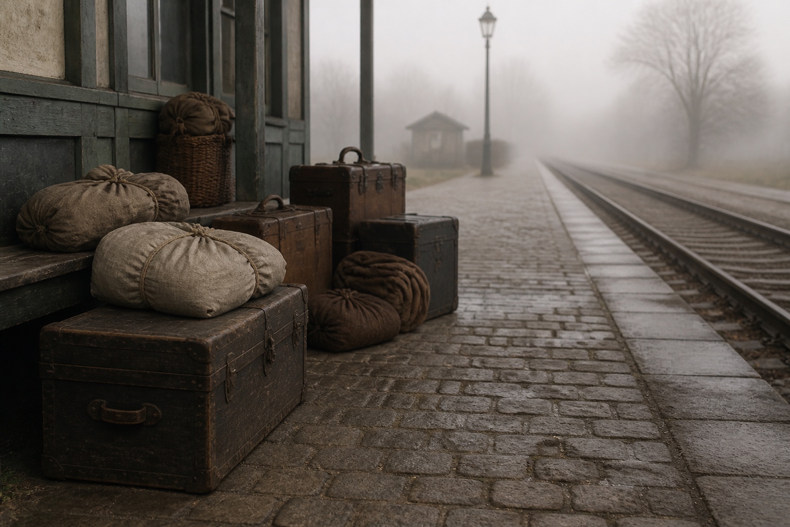 Leerer Bahnsteig mit nebligen Gleisen und alten Holzkoffern